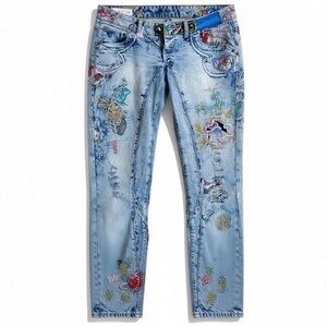 RAW LifeStyle Jeans Slim Fit  Hand Painted Embroidered Upcycled Mid Rise Size 26